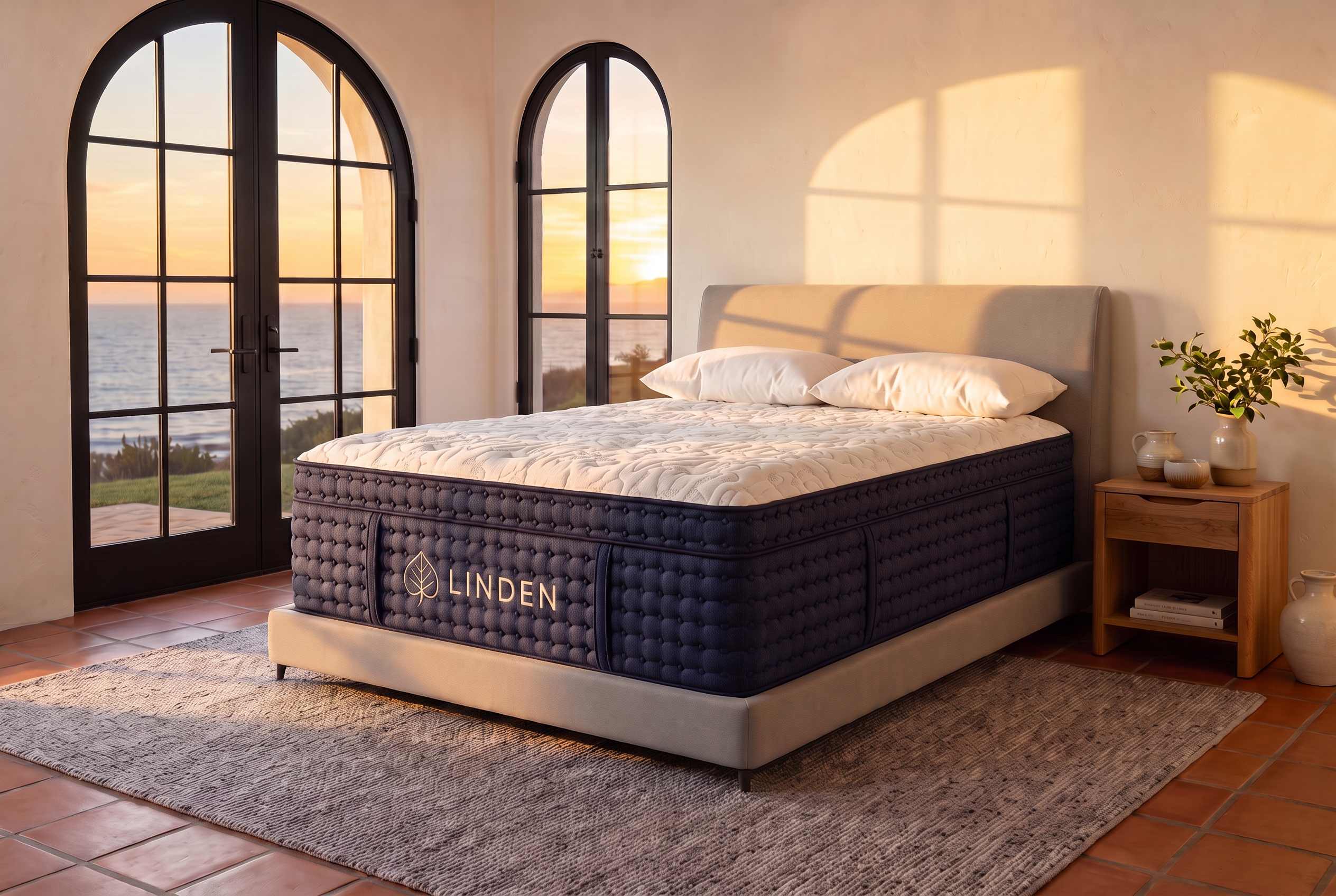 A smiling Latina woman relaxing on the LINDEN mattress in a Santa Barbara design-magazine bedroom with arched steel doors, warm stucco walls, and an ocean view at golden hour
