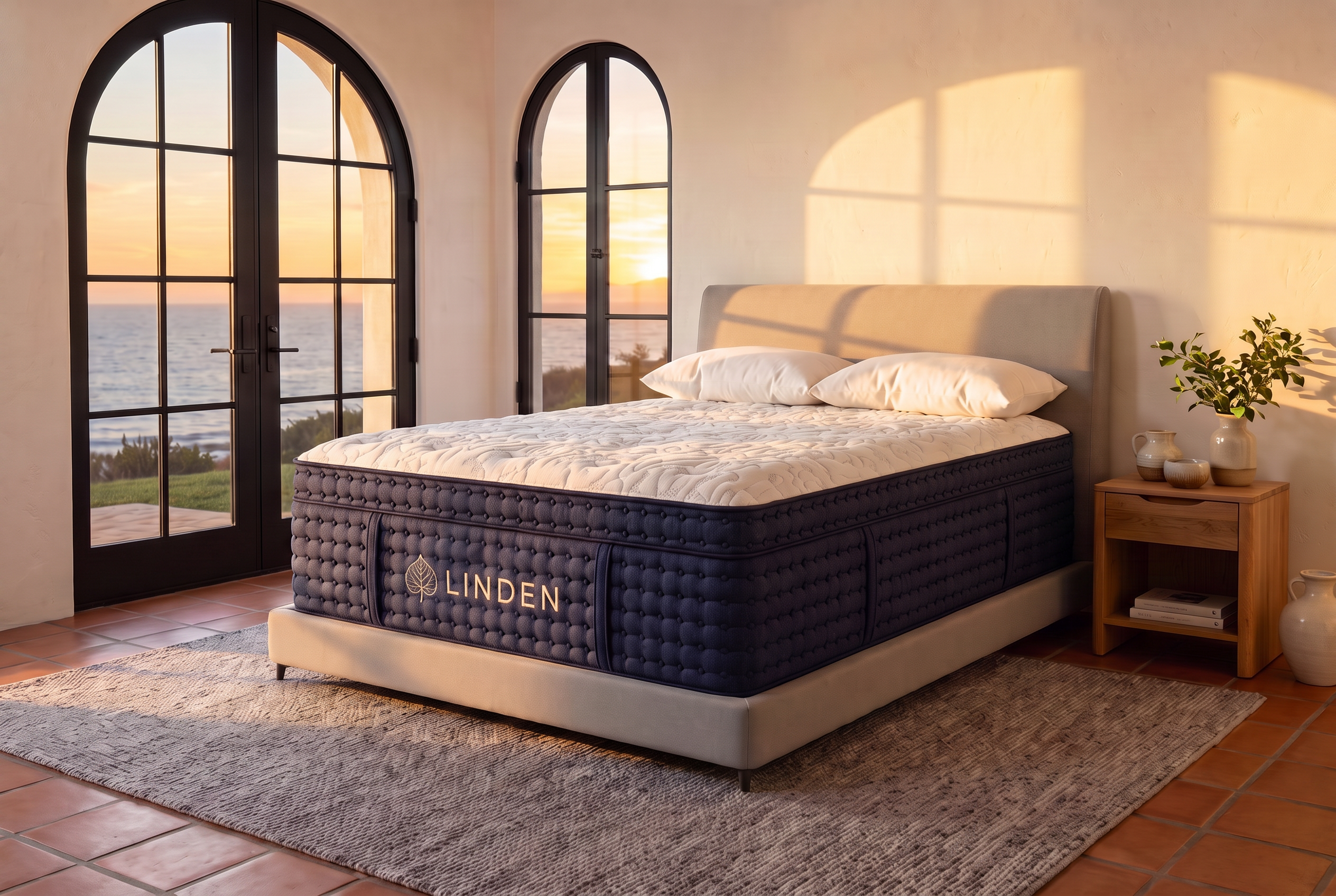 Blue LINDEN hybrid mattress in three-quarter product view