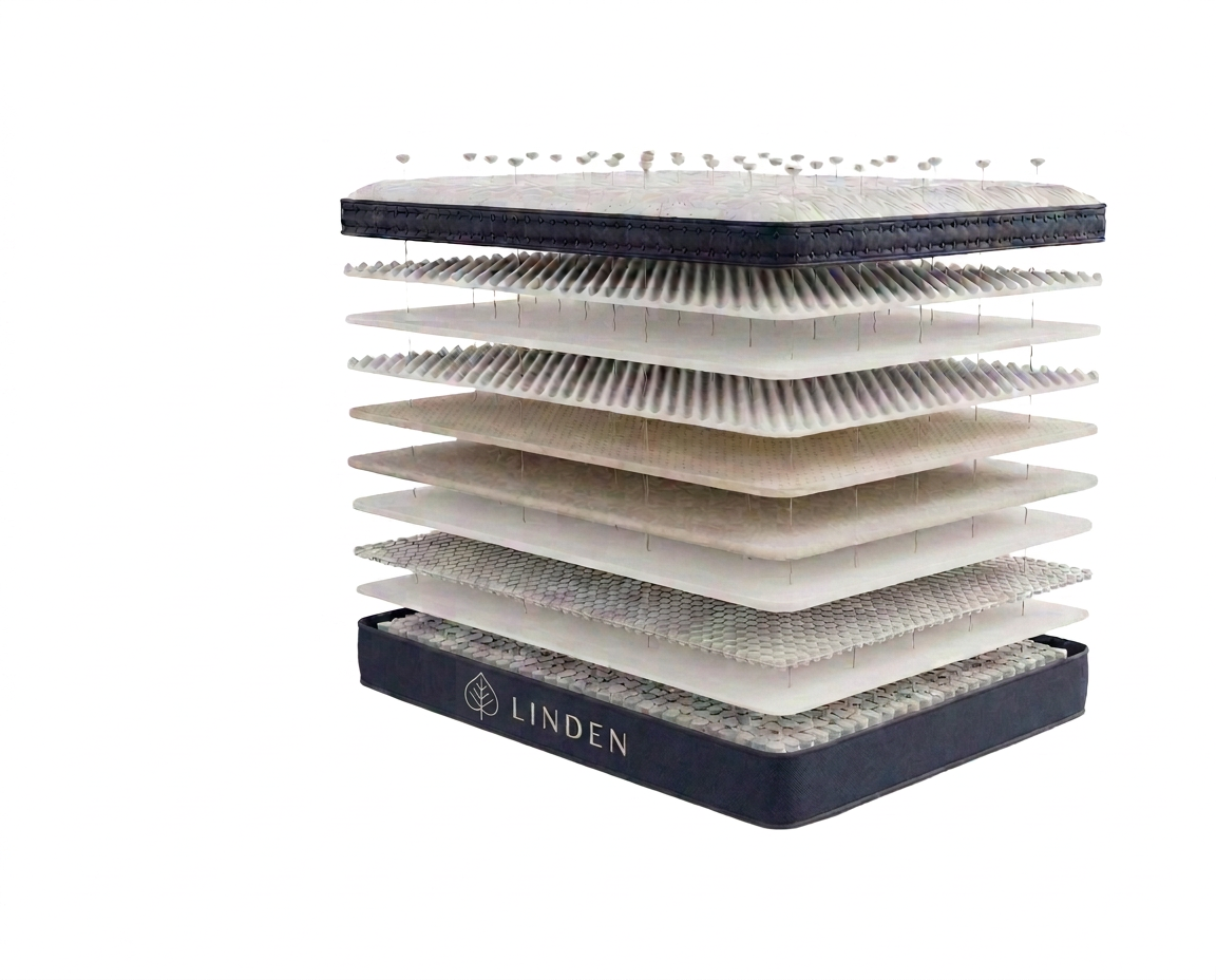 Exploded view showing the internal comfort and support layers of the LINDEN mattress